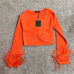 Balboa Orange Shirt Blouse Crop Tie Front Feather Cuffs NEW Size Large